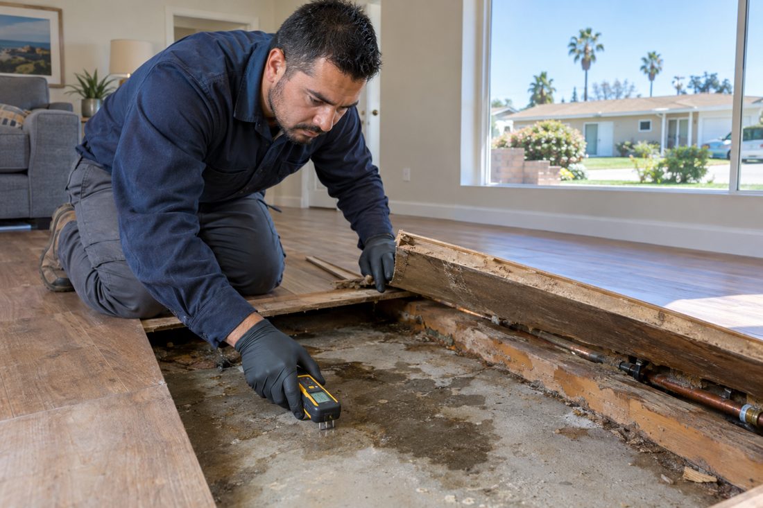 A close view of a technician checking moisture beneath lifted flooring inside a Carson ranch home after a supply-line leak in Carson, CA