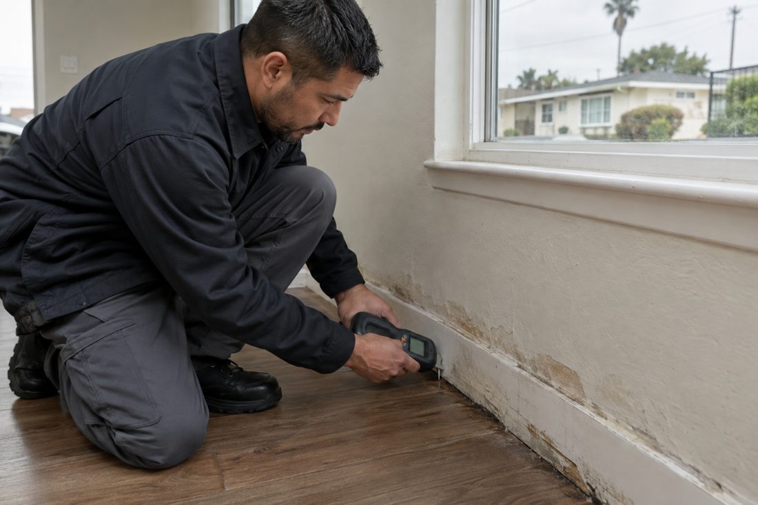 A close view of a technician checking damp baseboards and flooring inside a postwar Hawthorne home in Hawthorne, CA