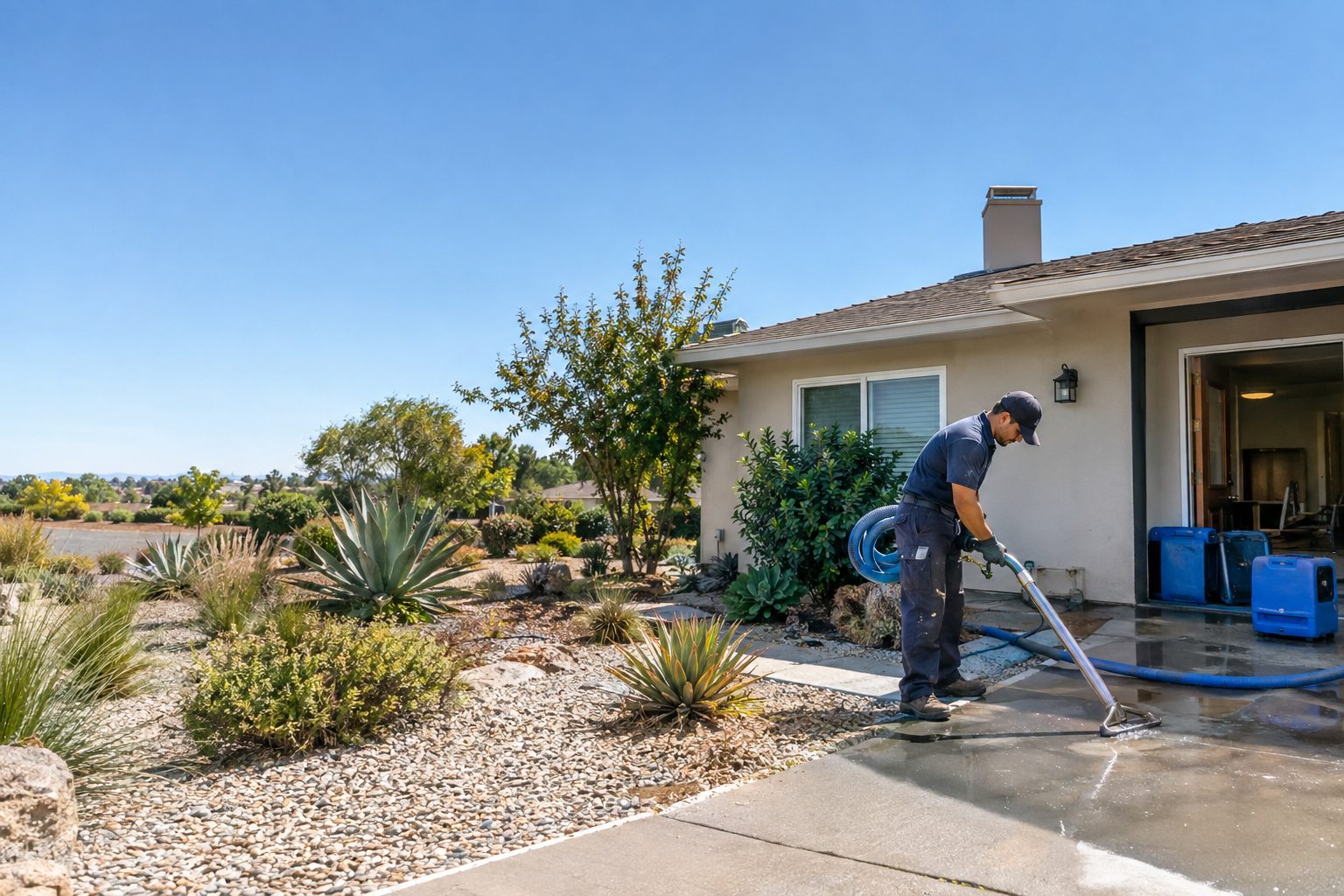 A restoration worker extracts water beside a post-war ranch home in Moneta, with drying equipment visible near the open entry in Moneta, CA