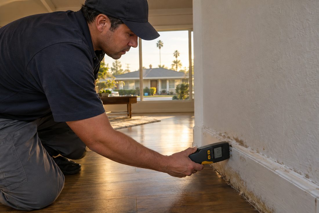 Close view indoors of a worker checking a damp baseboard with a moisture meter in a Torrance ranch home in Torrance, CA